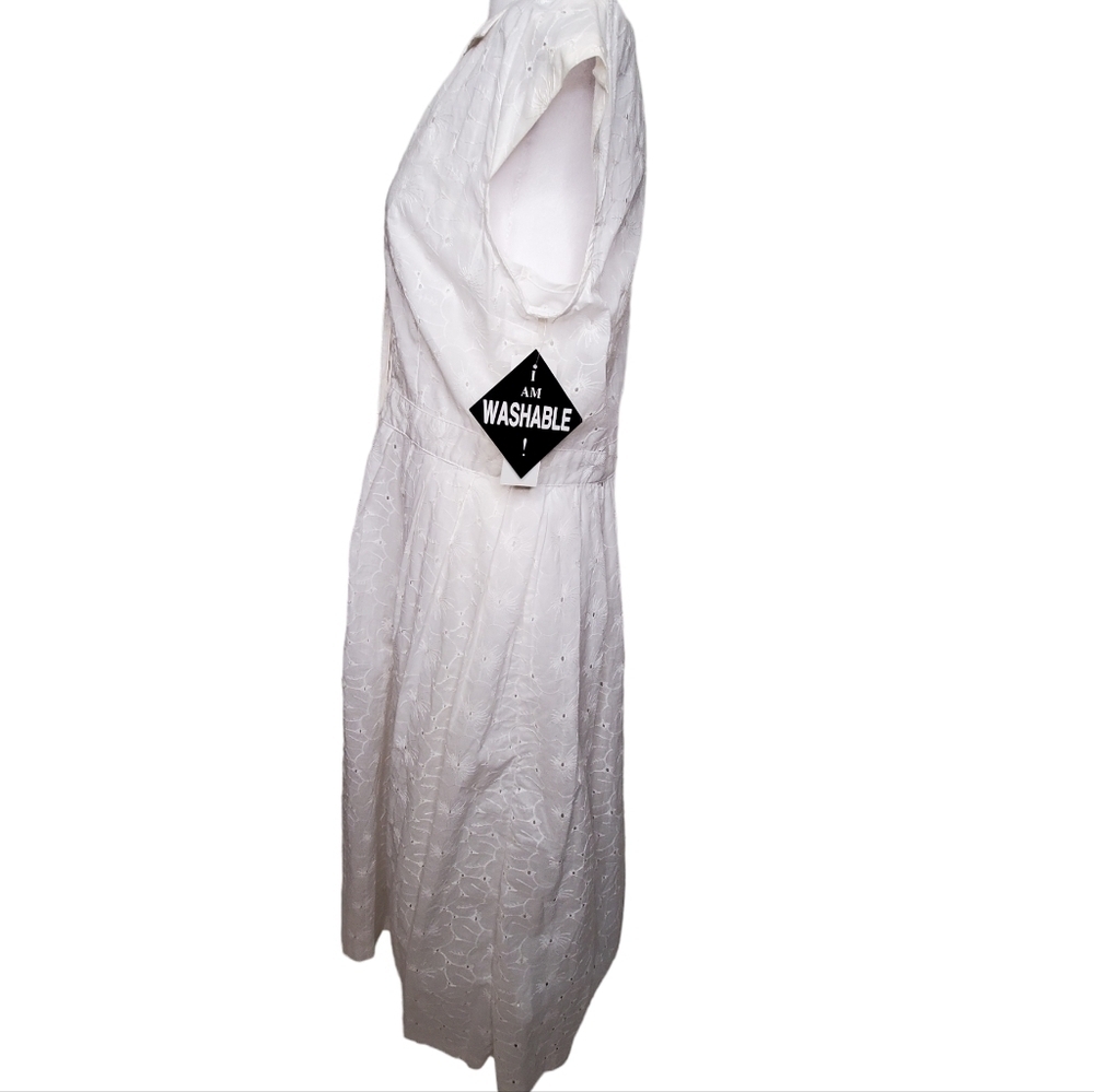 Vintage Y2k Shirt Dress, White Eyelet Lace Cap Sleeves Midi Sz 14P Cottagecore - Picture 5 of 12
